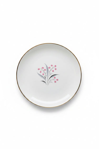 Vintage Princess China Flair dinner plate with atomic-era pink bell flower and grey foliage motif, silver metallic rim, circa 1955