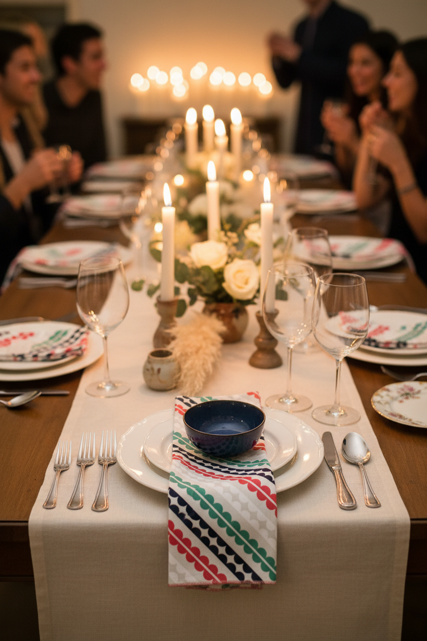 Matilda cloth napkin folded on a white dinner plate at a candlelit dinner party tablescape with wood candlesticks, white roses, wine glasses, and guests gathered around a long farmhouse table