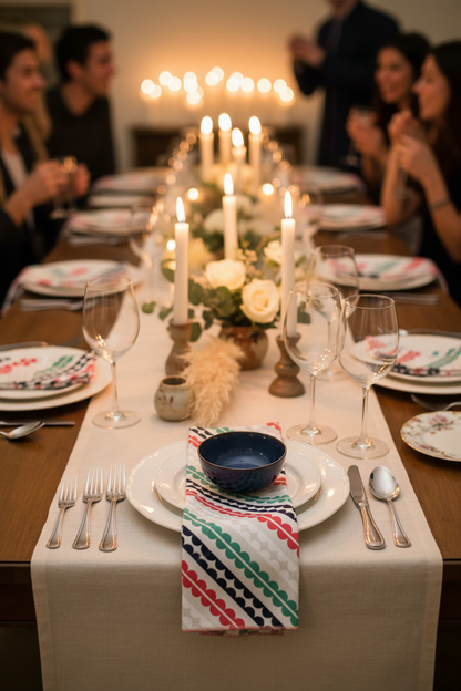 Matilda cloth napkin folded on a white dinner plate at a candlelit dinner party tablescape with wood candlesticks, white roses, wine glasses, and guests gathered around a long farmhouse table