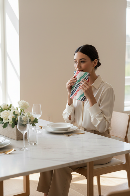 Woman in cream blouse holding a Matilda geometric cloth napkin at a minimalist marble dining table set with white roses, champagne flutes, and gold cutlery in soft natural light