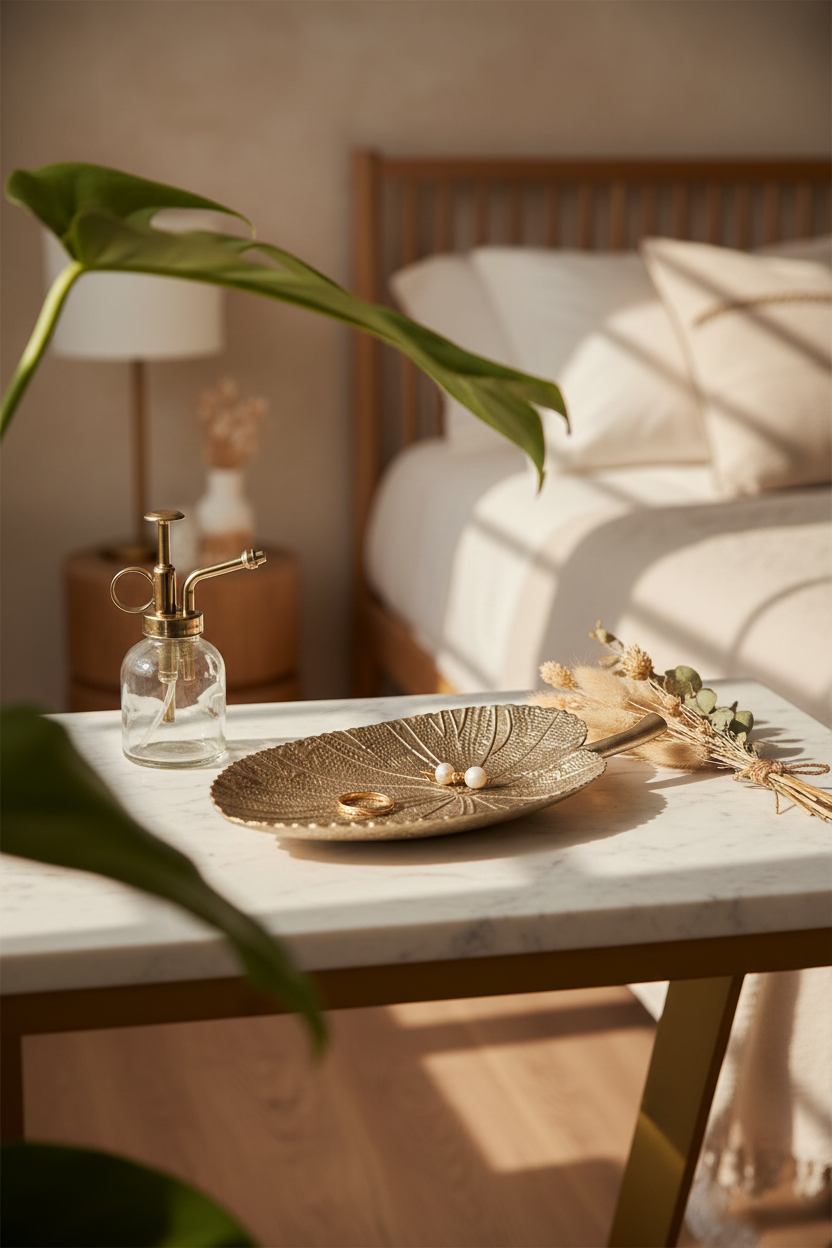A bright, airy, yet deeply luxurious lifestyle photograph of an organic cast metal elephant ear leaf decorative tray. The tray showcases an intricate botanical veining pattern across its surface, finished in a soft, elegant champagne-gilt metallic tone.

The tray is styled on a chic, sun-drenched marble vanity top next to a vintage glass plant mister bottle and a small bunch of dried botanicals. The leaf dish functions beautifully as an intentional placeholder for small, curated treasures and delicate jewel