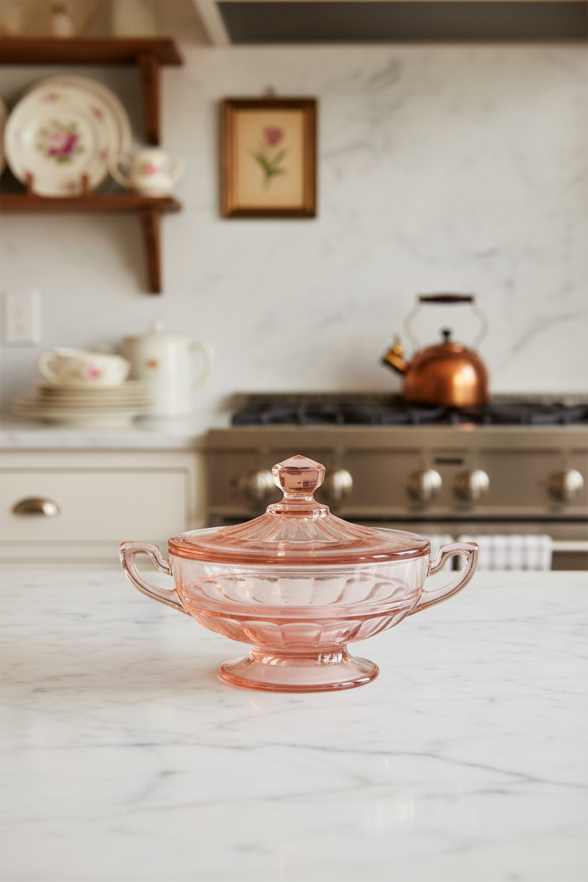 A clear, full shot of the vintage pink depression glass sugar bowl with its lid, sitting centered on a white marble kitchen island. In the background, there's a cozy kitchen setup with open wooden shelves displaying floral dishes, and a stainless steel stove with a brass tea kettle, perfectly blending vintage and modern aesthetics.
