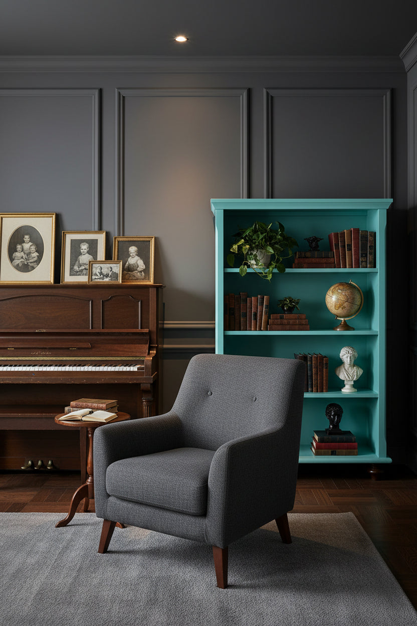 A cozy, dramatic home library and reading nook with a Dark Academia aesthetic. The walls are a rich, matte charcoal gray with elegant picture frame molding. To the left of the furniture piece, there is a vintage dark walnut upright piano with a few antique framed family portraits resting on top. The flooring is a deep, dark wood covered by a plush, low-profile gray carpet. Soft, warm ambient light filters in from an overhead recessed light, casting a luxurious glow on a textured fabric armchair in the foreg