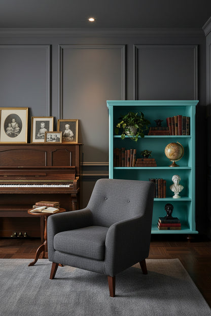 A cozy, dramatic home library and reading nook with a Dark Academia aesthetic. The walls are a rich, matte charcoal gray with elegant picture frame molding. To the left of the furniture piece, there is a vintage dark walnut upright piano with a few antique framed family portraits resting on top. The flooring is a deep, dark wood covered by a plush, low-profile gray carpet. Soft, warm ambient light filters in from an overhead recessed light, casting a luxurious glow on a textured fabric armchair in the foreg