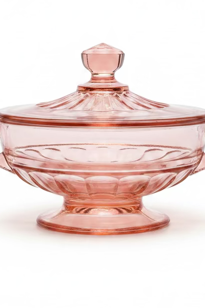 A full side view of the elegant pink depression glass lidded sugar bowl with handles and a pedestal base, highlighting its Art Deco design, set against a clean white background.