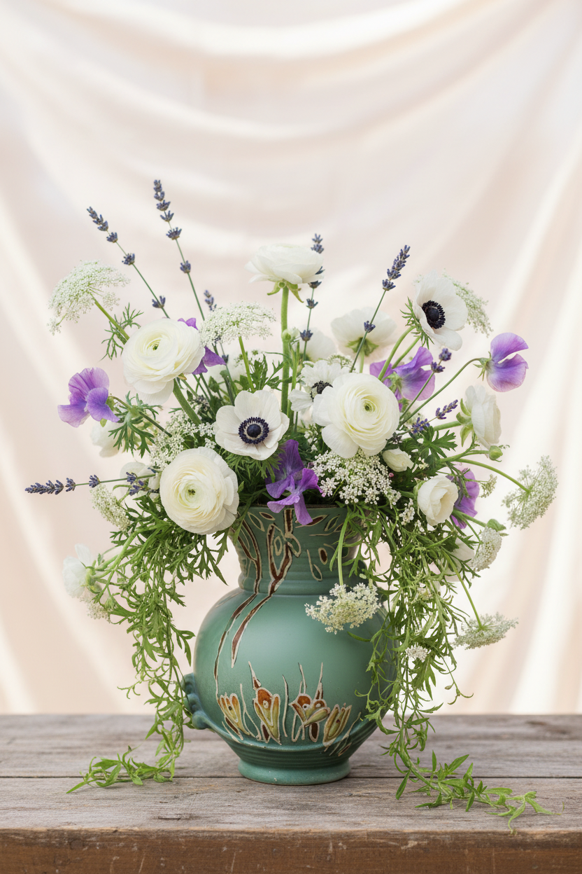 A lifestyle product photograph of the 1937 British art pottery sage green vase styled as a centerpiece on a rustic wooden tabletop. The vase is filled with a lush, garden-style floral arrangement featuring white ranunculus, white anemones with dark centers, purple sweet peas, lavender stems, and delicate Queen Anne's lace cascading down the sides against a soft cream fabric backdrop.