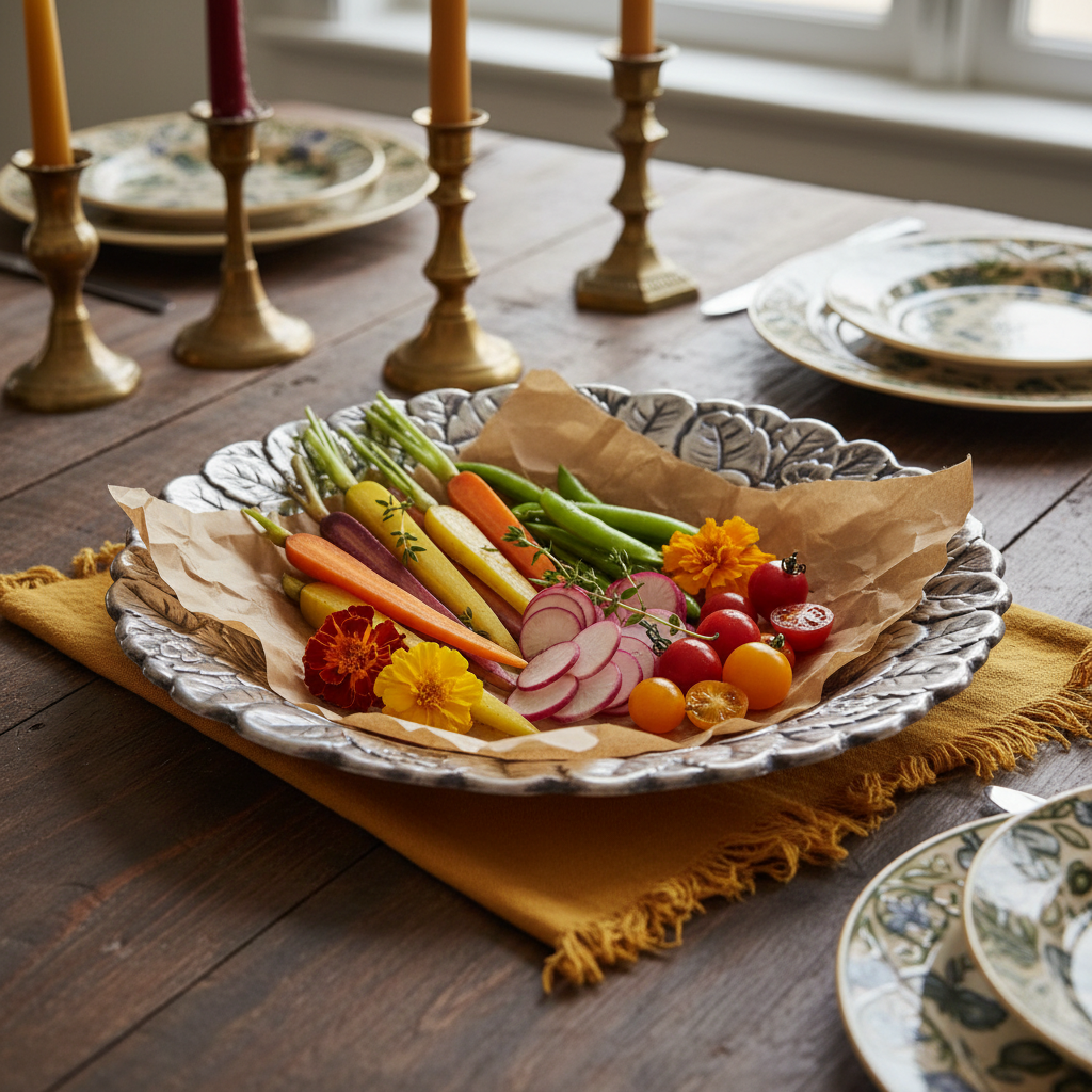 "A close-up photograph capturing the central focus of a maximalist, bohemian-style dining table setting. In the center is the round, vintage Reed and Barton Pattern 115 silverplate platter, recognizable by its heavy, high-relief strawberry and leaf embossing. The deep, dark patina in the silver's recesses is clearly visible, providing dramatic contrast against bright, saturated colors. To highlight its modern use, a beautifully hand-torn piece of organic brown parchment paper is laid over the platter's cent