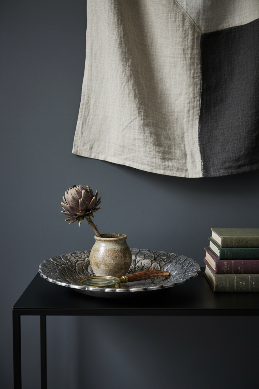 An artistic, moody interior design photograph featuring a vintage silver platter styled on a low, matte-black console table. The round silver platter, Pattern No. 115 by Reed and Barton, is presented not for serving food, but as a textural, sculptural tray holding curated objects. Its deeply dimensional strawberry and botanical embossing and dark original patina are the stars. The soft, directional natural light hits the silver's surface at an angle, highlighting every vein in the leaf stampings. Styled on
