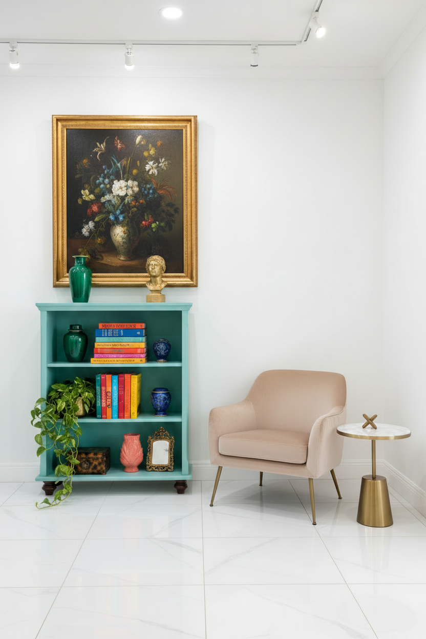 An elegant, high-contrast home entryway and foyer with a glamorous Hollywood Regency flair. The background features a crisp white accent wall decorated with an ornate, gold-leaf framed botanical oil painting. Next to the teal furniture piece sits a sleek, low-profile accent chair in a soft champagne velvet fabric. The setting is styled beautifully with minimalist ceramic pottery and subtle metallic brass accents on a nearby console shelf. The lighting is bright, clean, and gallery-like, creating a high-end 