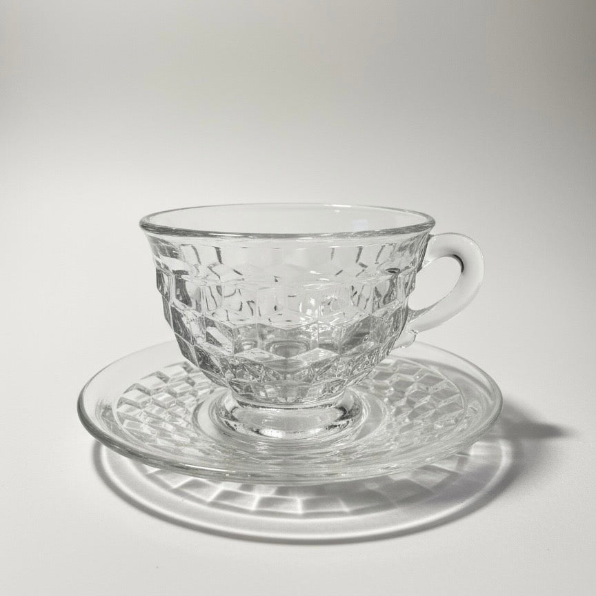 Anchor Hocking Wexford Glass Teacup & Saucer Sets – Vintage Diamond Elegance