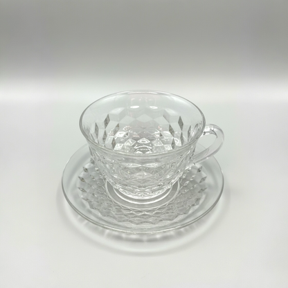 Anchor Hocking Wexford Glass Teacup & Saucer Sets – Vintage Diamond Elegance