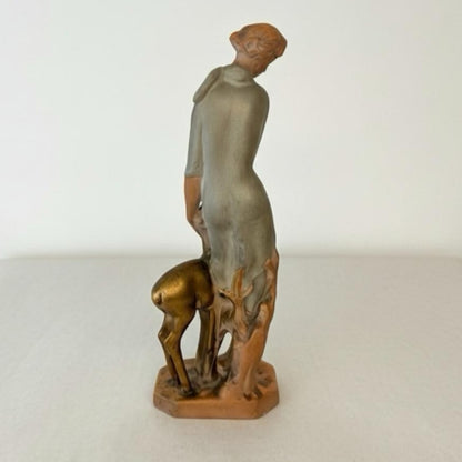 Statue of a woman with a deer on a white background Art Deco Goddess & Fawn Chalkware Figurine – Mid-Century Modern Sculptural Decor – Mid-Century Modern Sculptural Decor