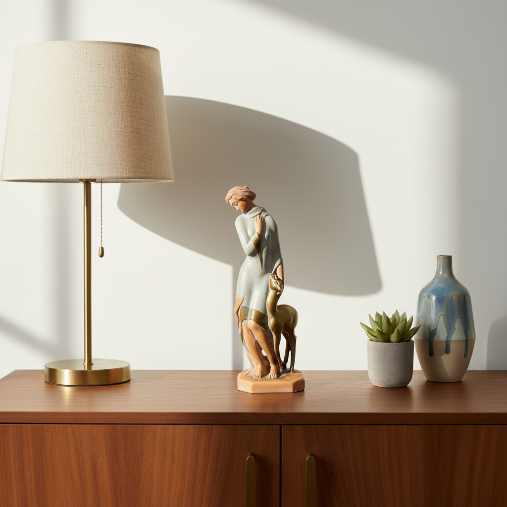 Decorative items including a lamp, statue, and vase on a wooden surface with a white wall background.
