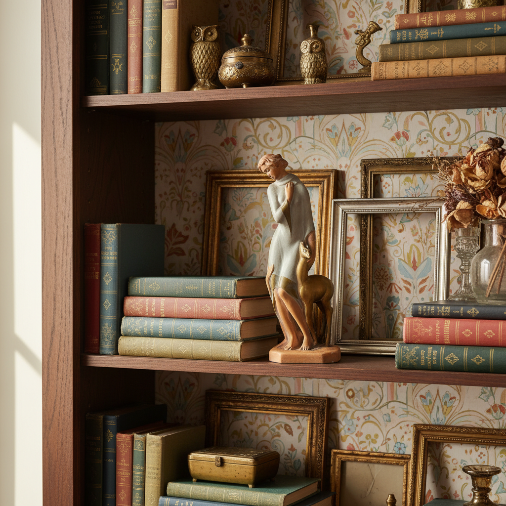 Decorative bookshelf with books, figurines, and framed pictures against a patterned wallpaper.