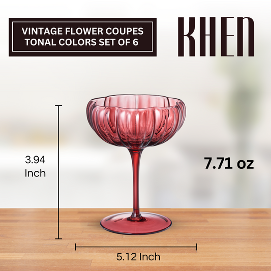 Flower Coupe Cocktail Glasses Set of 6 | Muted Wavy Stemware | Khen