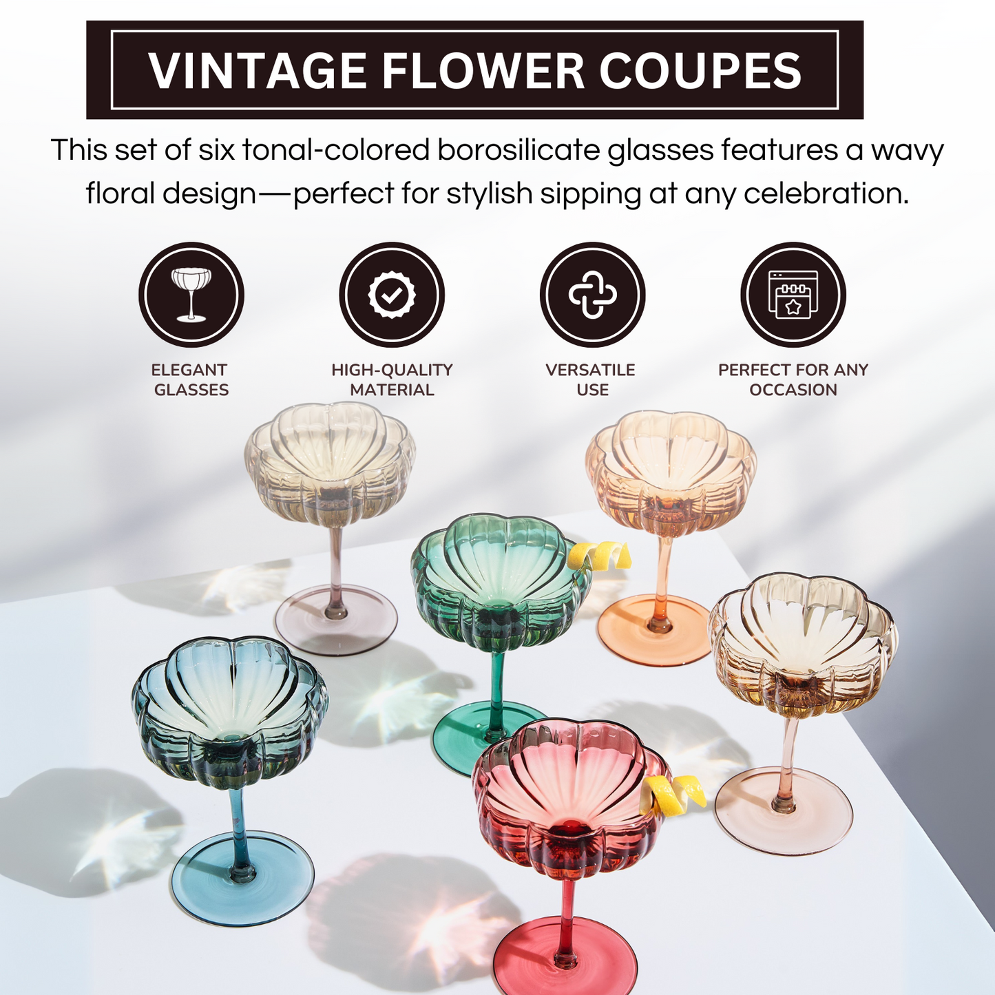 Flower Coupe Cocktail Glasses Set of 6 | Muted Wavy Stemware | Khen