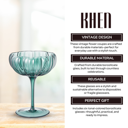 Flower Coupe Cocktail Glasses Set of 6 | Muted Wavy Stemware | Khen