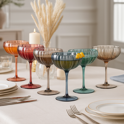 Flower Coupe Cocktail Glasses Set of 6 | Muted Wavy Stemware | Khen