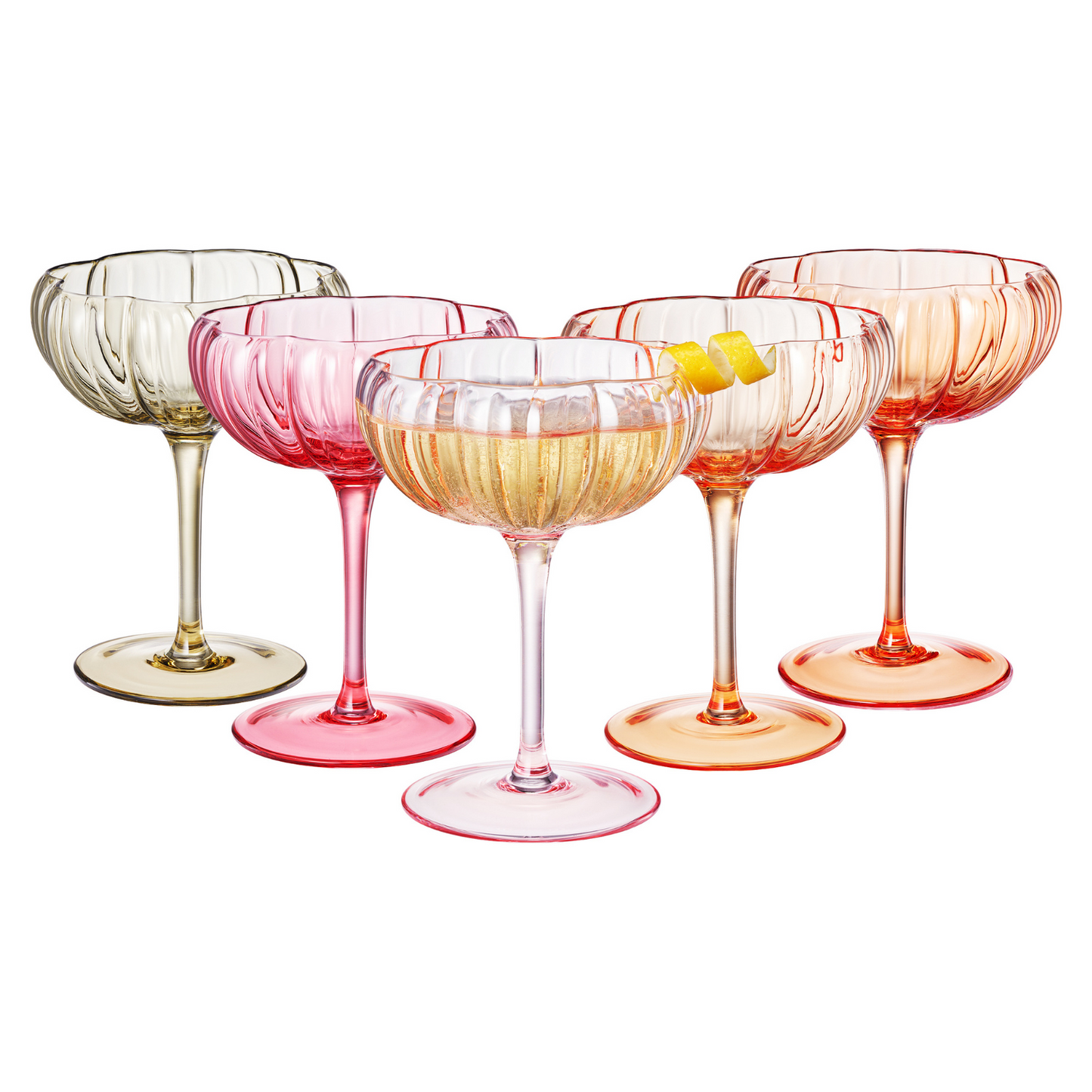 Flower Coupe Cocktail Glasses Set of 5 | Bright Spring Colors Stemware | Khen