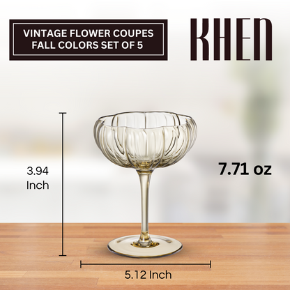 Flower Coupe Cocktail Glasses Set of 5 | Bright Spring Colors Stemware | Khen
