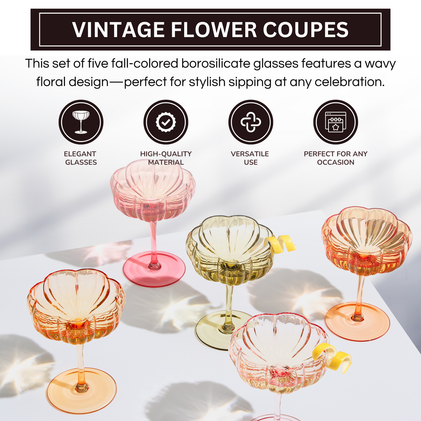 Flower Coupe Cocktail Glasses Set of 5 | Bright Spring Colors Stemware | Khen