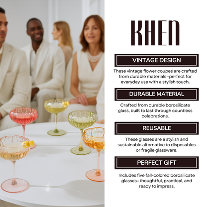Flower Coupe Cocktail Glasses Set of 5 | Bright Spring Colors Stemware | Khen