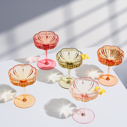 Flower Coupe Cocktail Glasses Set of 5 | Bright Spring Colors Stemware | Khen