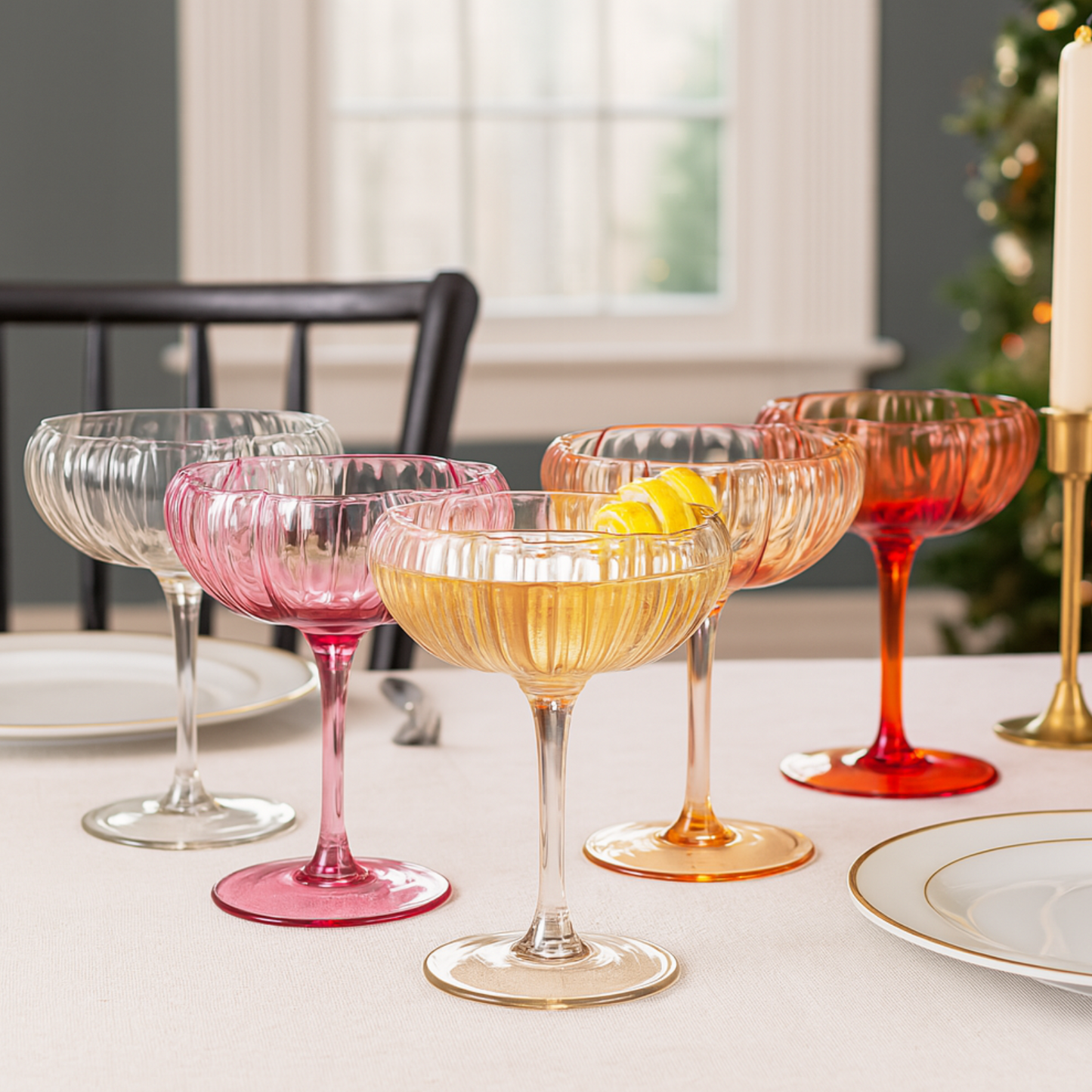 Flower Coupe Cocktail Glasses Set of 5 | Bright Spring Colors Stemware | Khen