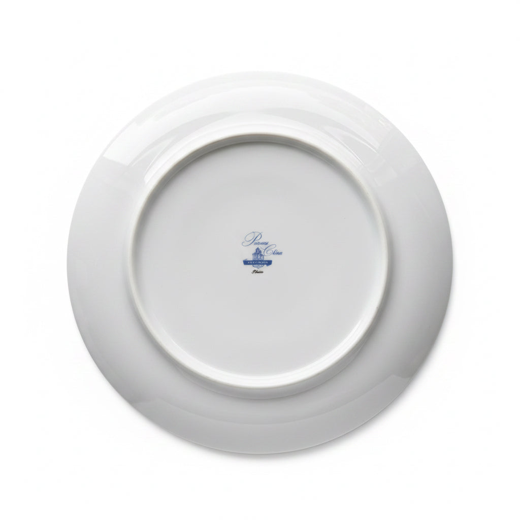 Back of vintage Princess China Tru-Tone dinner plate showing original blue maker's mark stamp — authentication detail