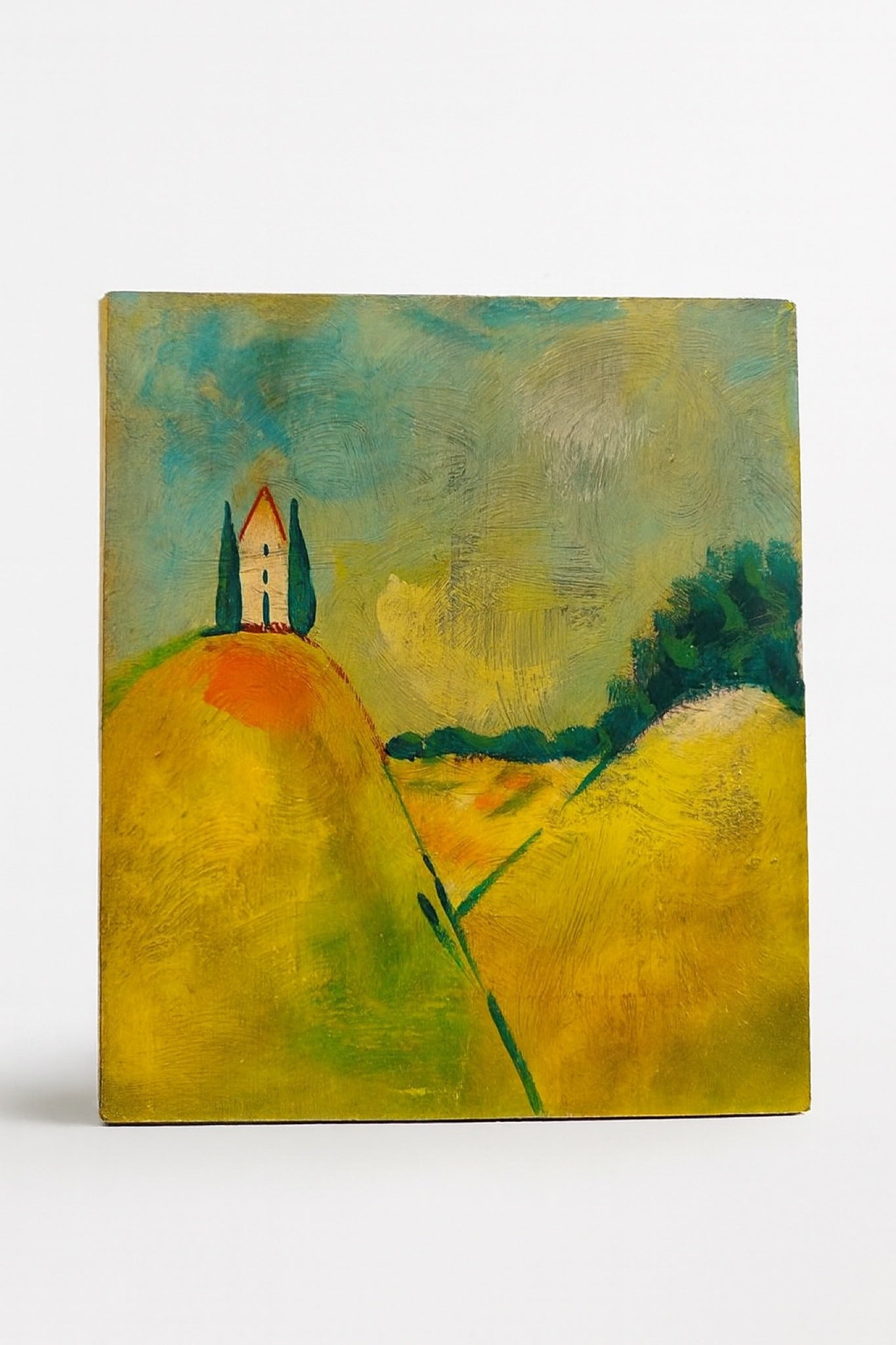 Small original painting on wood, 12.25 inches tall and 10.75 inches wide, handcrafted with layered texture and natural wood surface.