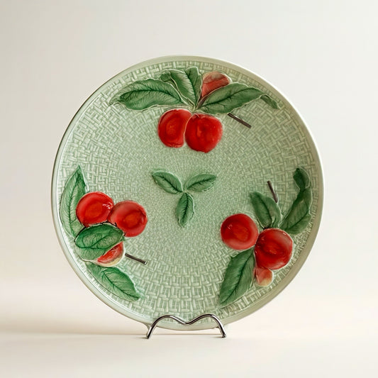 Vintage German Majolica Cherry Plate - Hand-Painted Basketweave Design
