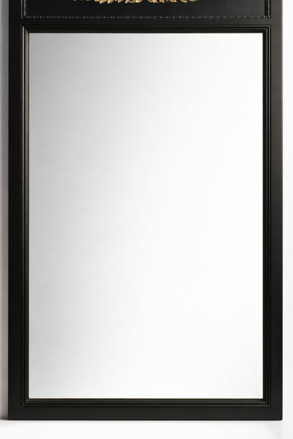 Elegant black wall mirror with ornate gold detailing, perfect for modern or vintage home decor.