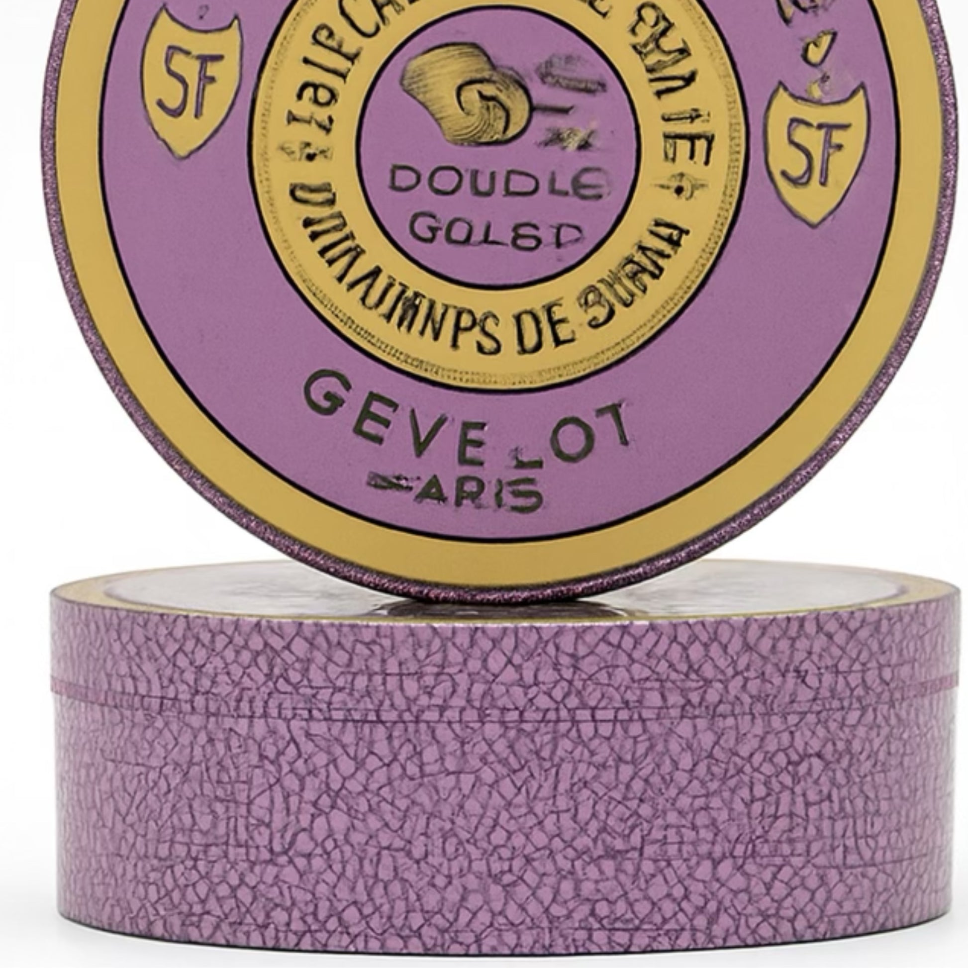 Purple container with gold accents and visible branding on a white background