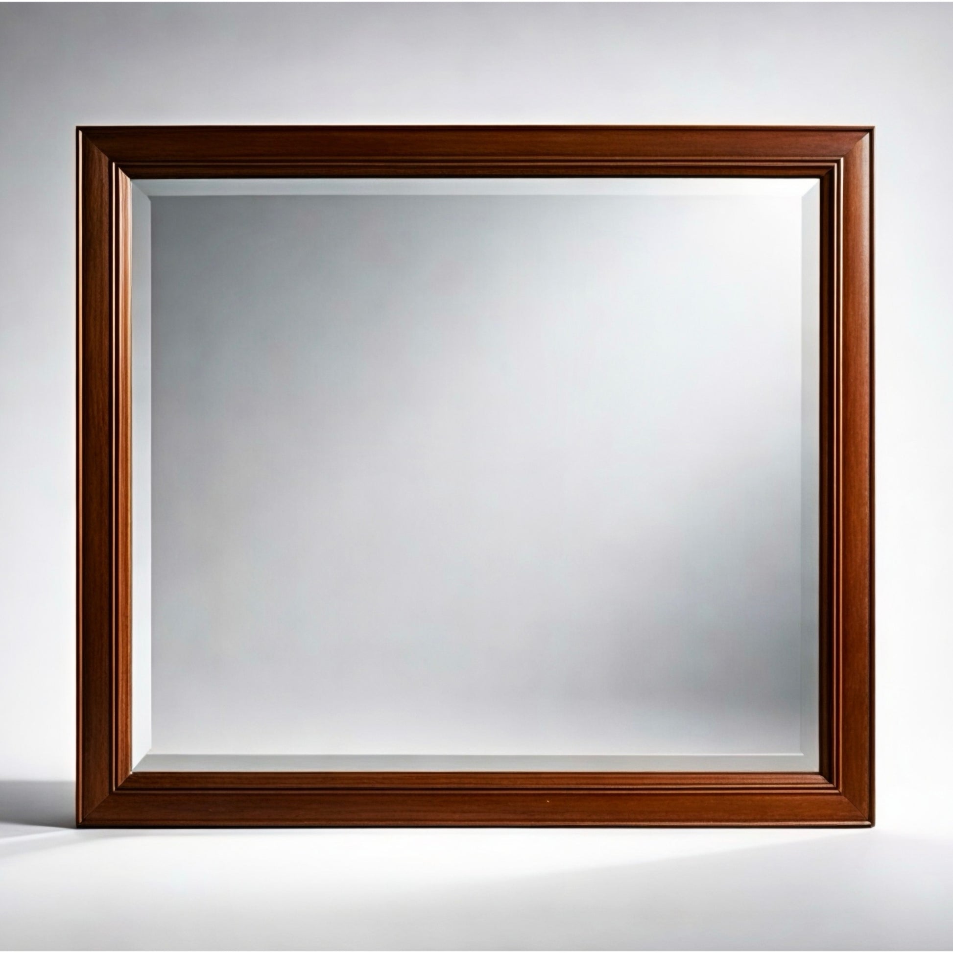 Elegant brown wooden framed mirror, rectangular shape, perfect for home decor and styling.