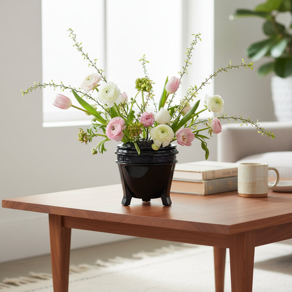 L.E. Smith 1930s Black Flower Frog | Vintage Tripod Censer Ikebana