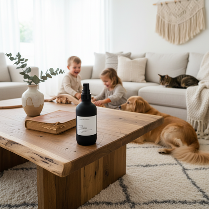 Bottle of room spray on a wooden coffee table in a cozy living room with children and a dog.