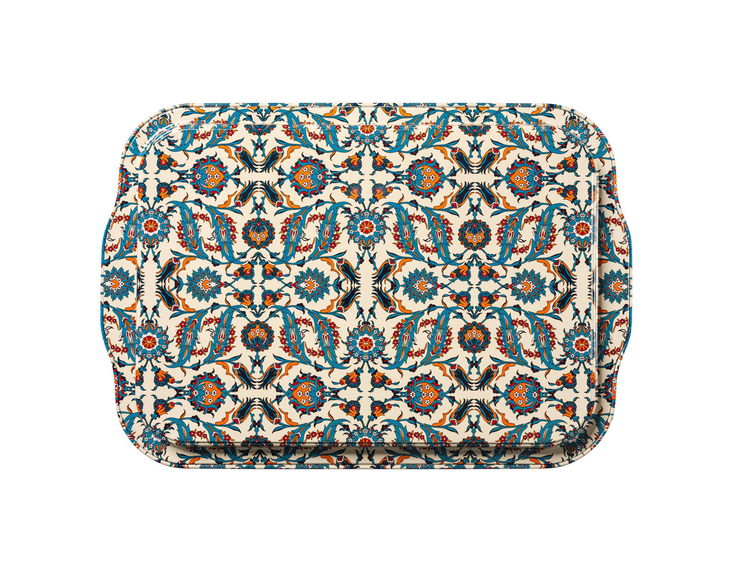 Beste tin serving tray from The Marian Collection shown from directly above on a solid white background. The rectangular serving platter features molded handles and a detailed Turkish-inspired symmetrical floral pattern in deep teal, cream, and red accents.