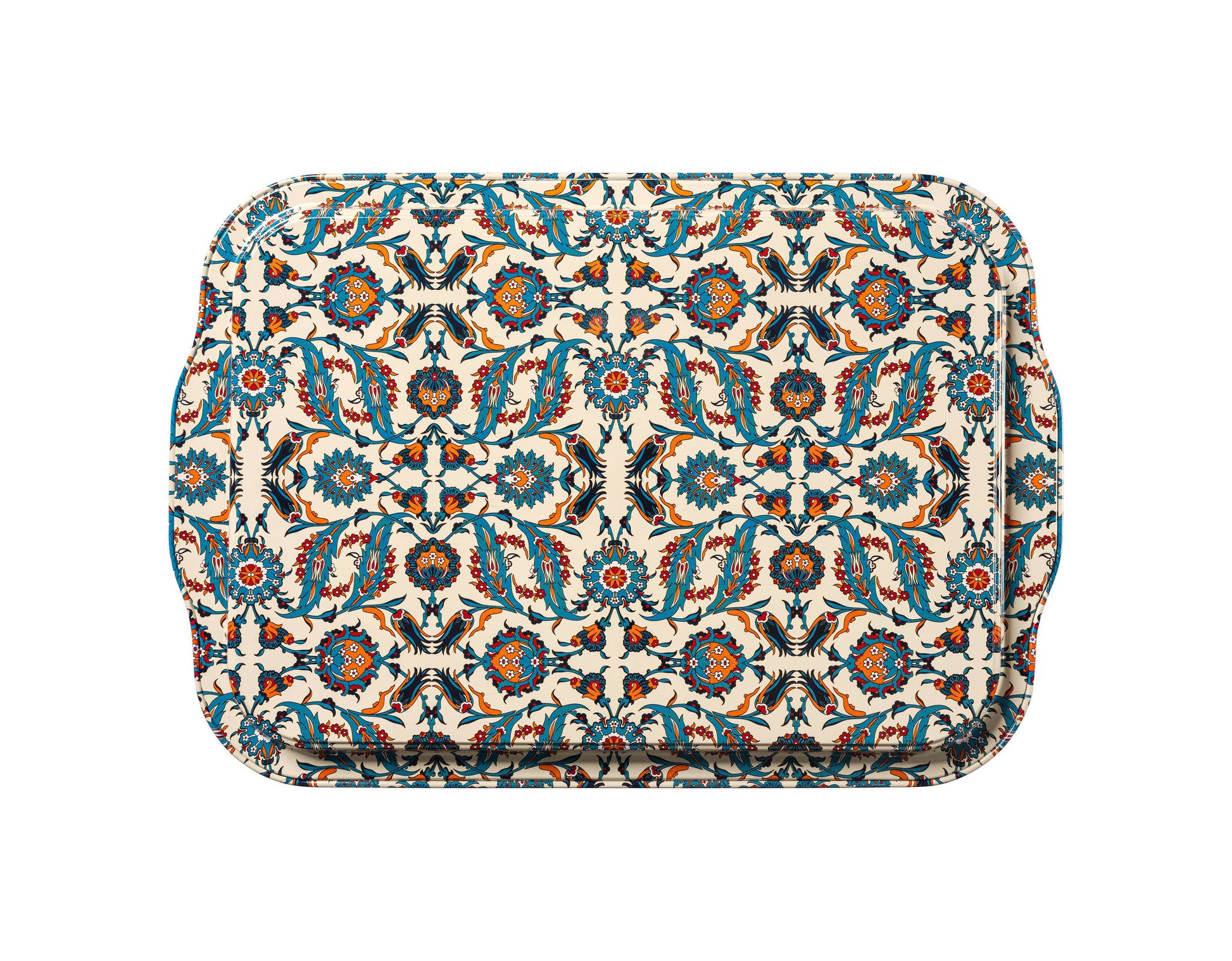 Beste tin serving tray from The Marian Collection shown from directly above on a solid white background. The rectangular serving platter features molded handles and a detailed Turkish-inspired symmetrical floral pattern in deep teal, cream, and red accents.