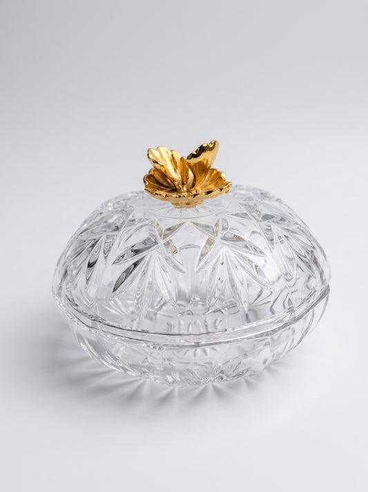 Vintage Cut Crystal Lidded Candy Dish with Gilded Brass Floral Finial (4″ × 3.5″)
