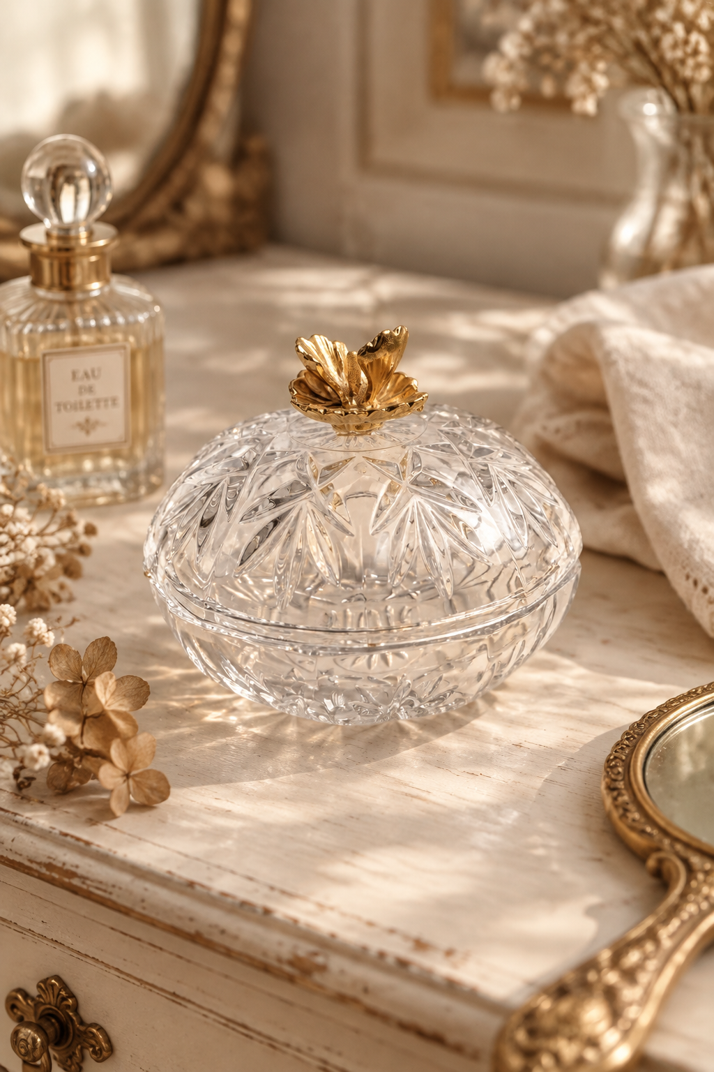 Vintage Cut Crystal Lidded Candy Dish with Gilded Brass Floral Finial (4″ × 3.5″)