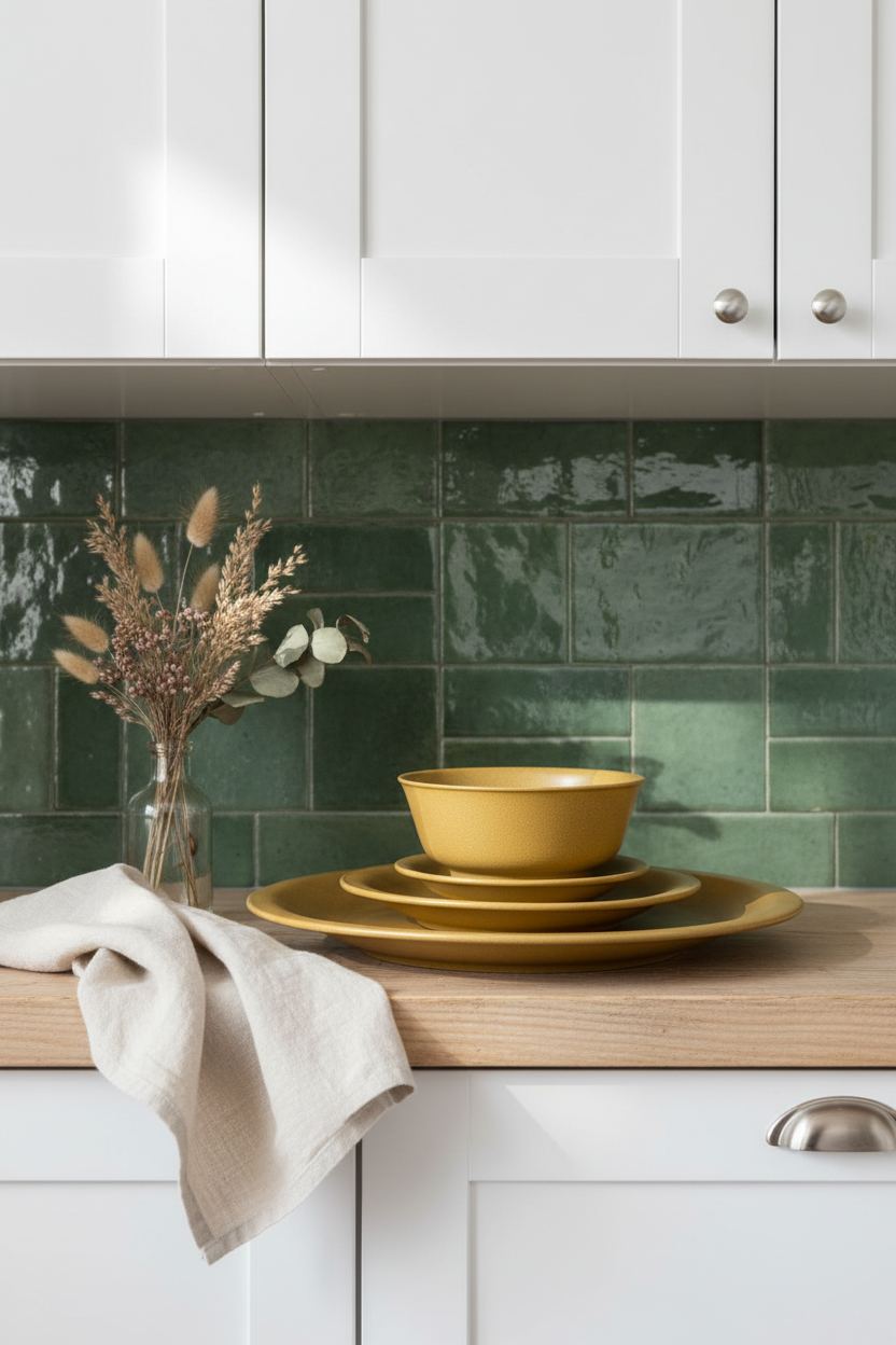 A stack of matte mustard yellow ceramic plates and a matching bowl sits on a light wood countertop in a kitchen. A beige linen napkin is draped on the left, next to a glass vase with dried botanicals.