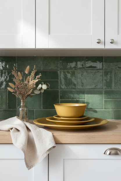 A stack of matte mustard yellow ceramic plates and a matching bowl sits on a light wood countertop in a kitchen. A beige linen napkin is draped on the left, next to a glass vase with dried botanicals.