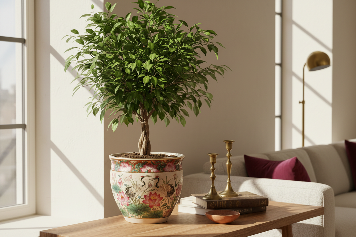 Decorative pot with a plant on a coffee table in a living room.