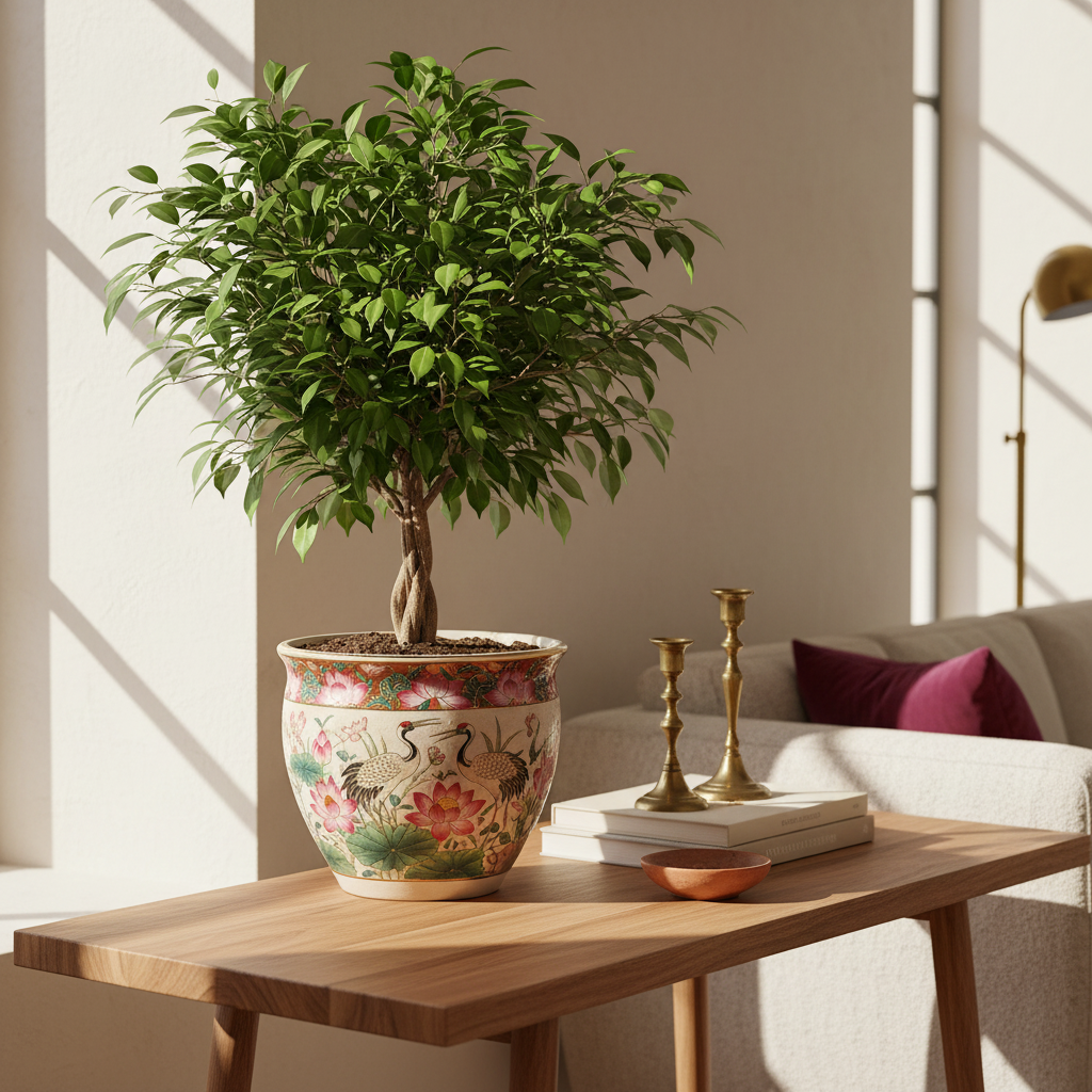 Potted plant on a wooden table in a living room with a sofa and decorative items.