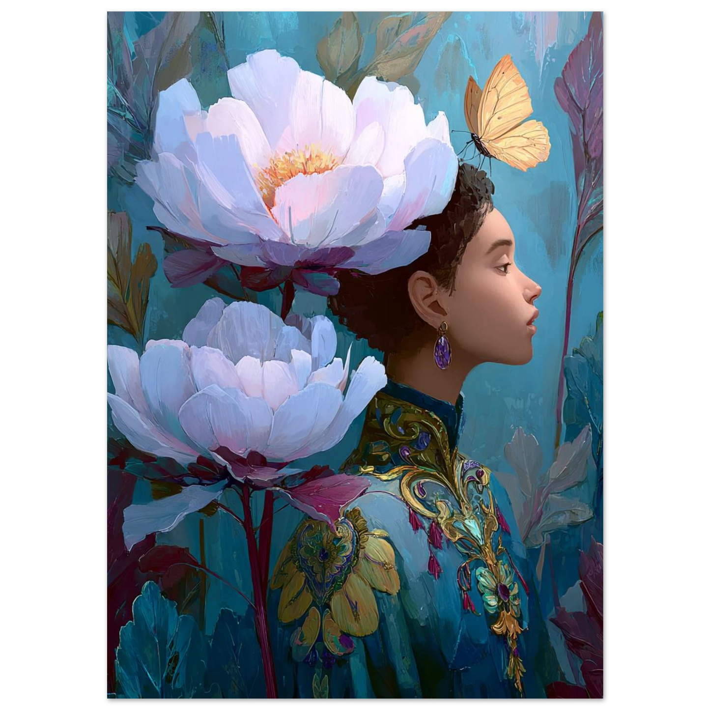 Artistic depiction of a woman with large flowers and a butterfly in her hair against a blue background