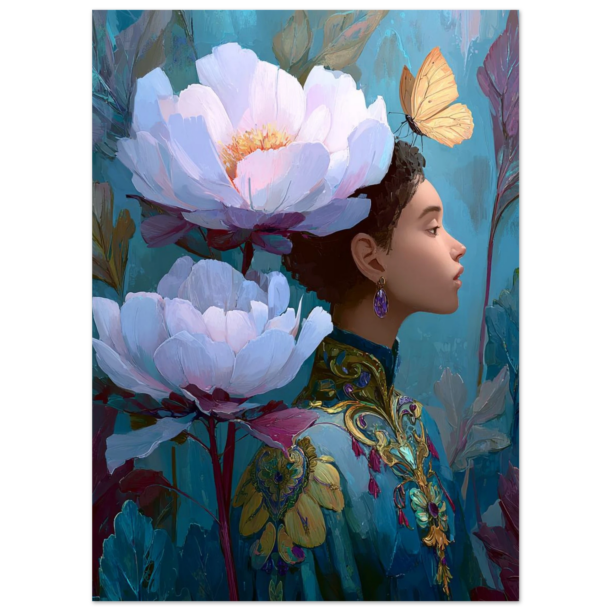 Artistic depiction of a woman with large flowers and a butterfly in her hair against a blue background