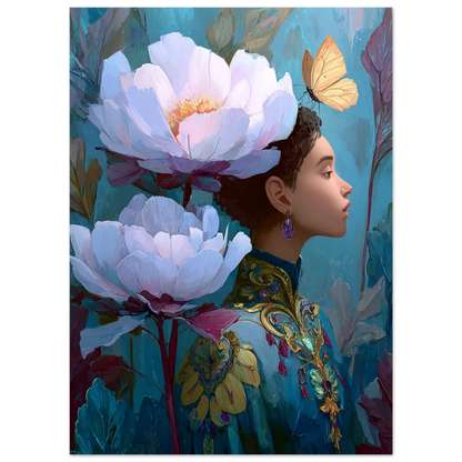 Artistic depiction of a woman with large flowers and a butterfly in her hair against a blue background