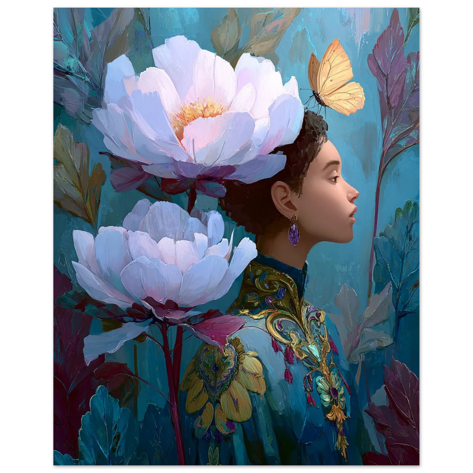 Artistic depiction of a woman with large flowers and a butterfly in her hair against a blue background