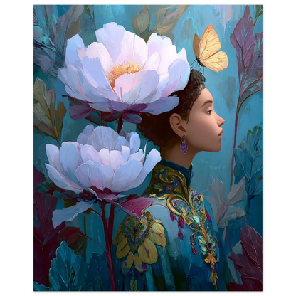 Artistic depiction of a woman with large flowers and a butterfly in her hair against a blue background
