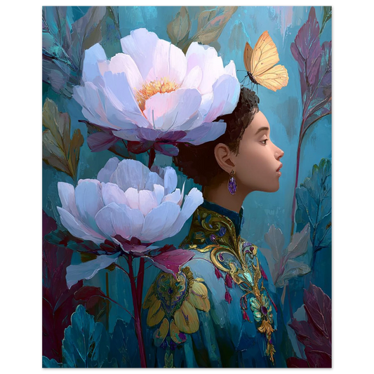 Artistic depiction of a woman with large flowers and a butterfly in her hair against a blue background
